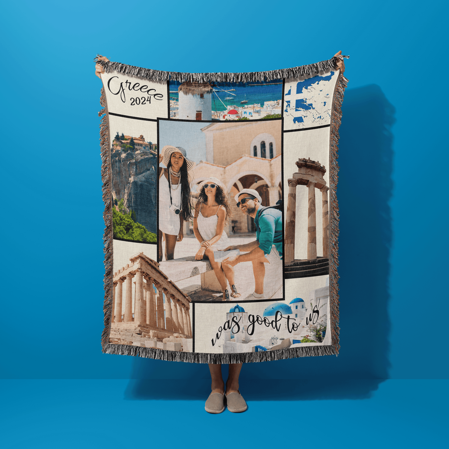 Greece Was Good To Us Custom Photo Memoir Woven Knit Blanket