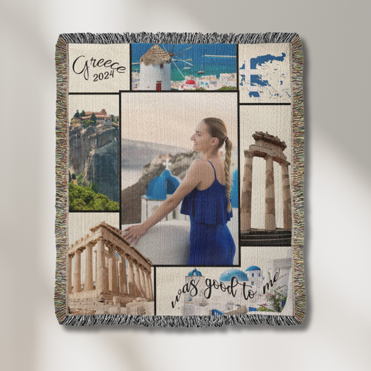 Greece Was Good To Me Custom Photo Memoir Woven Knit Blanket