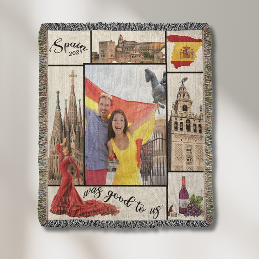 Spain Was Good To Us Custom Photo Memoir Woven Knit Blanket